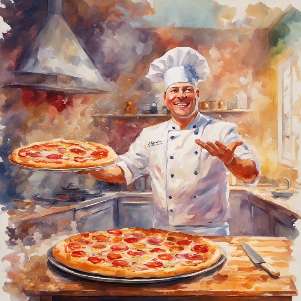 Smiling Chef Tossing Pizza Dough in Watercolor Style