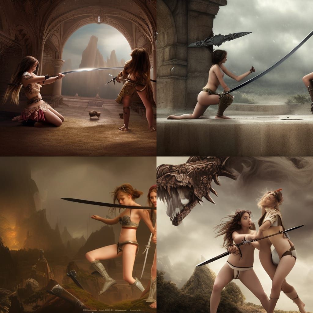 Epic Sword Fight: Two Girls Clash in Digital Painting