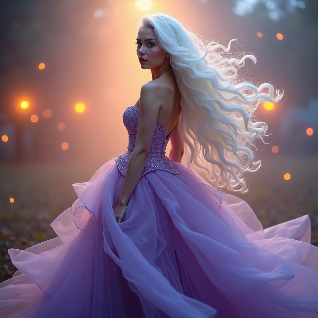 Ethereal Beauty in Purple Gown with Bokeh