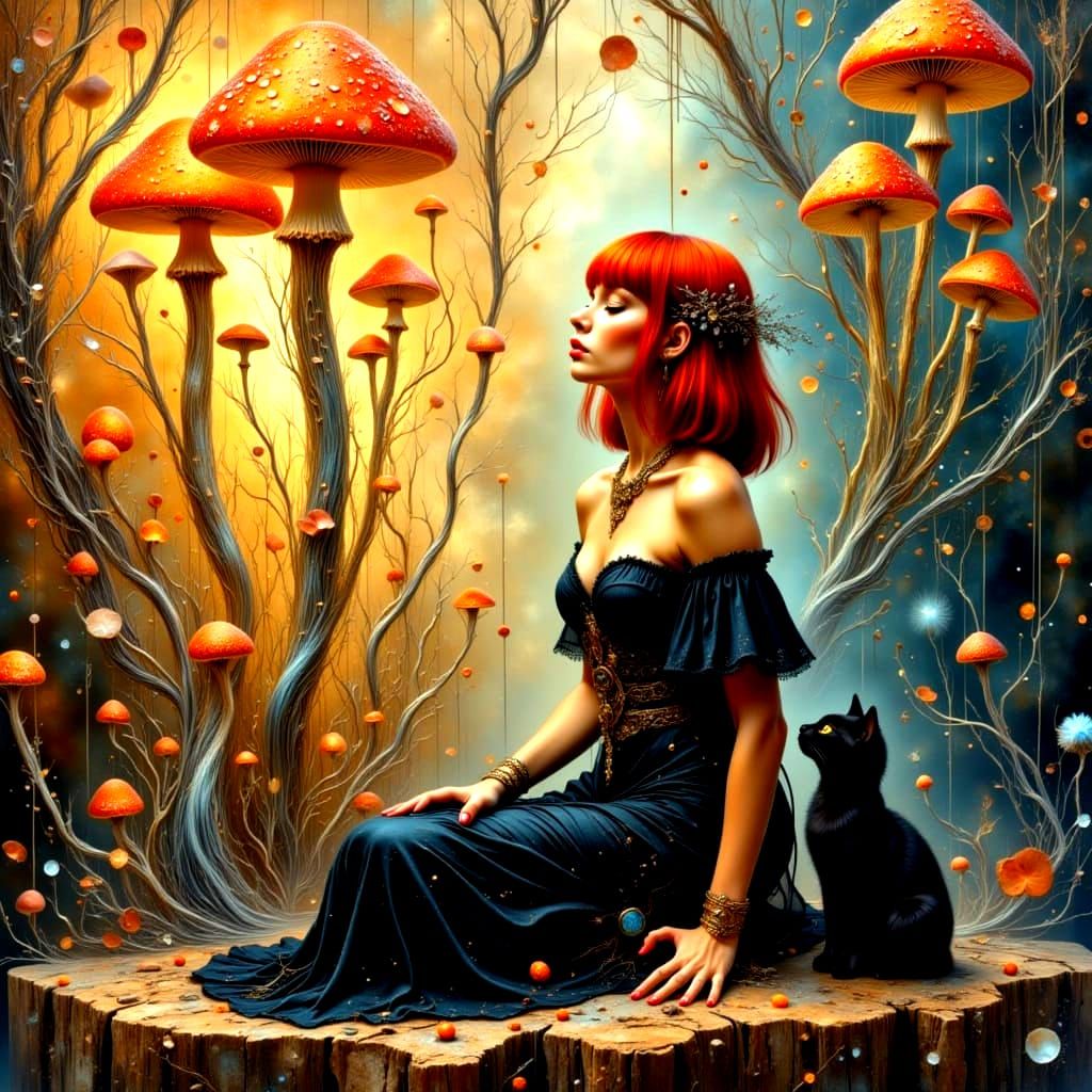 Goddess Worships Jellyfish in Dreamlike Impasto Painting