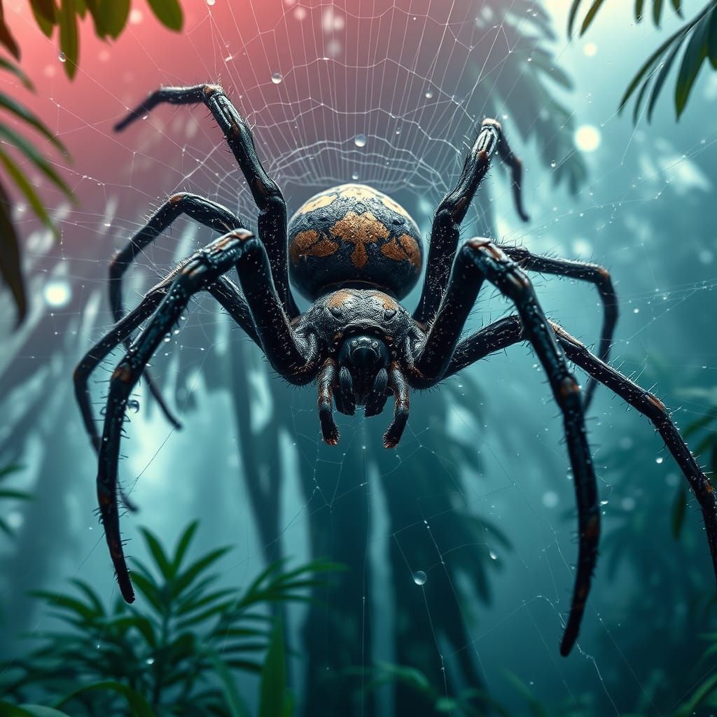 Giant Spider in Misty Rainforest: Hyperrealistic HDR