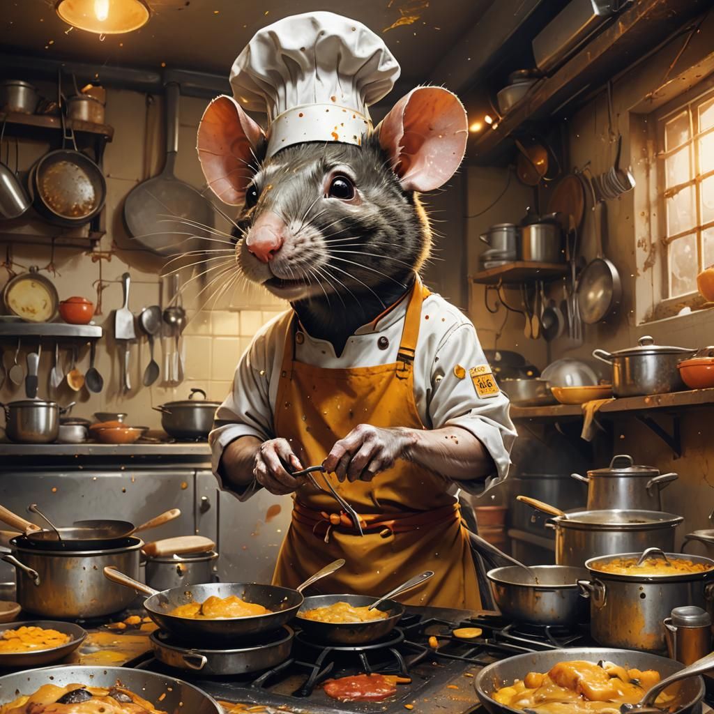 Rat Chef Cooks in Kitchen: Realistic Illustration