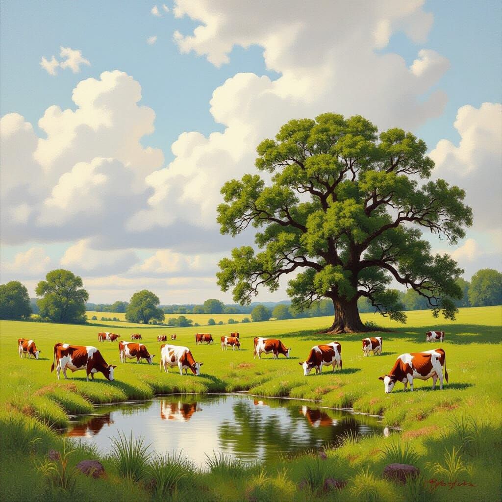 Cows Grazing in Meadow by Oak Tree, Classical Landscape