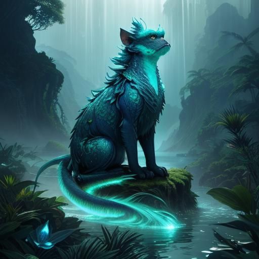 Five-Headed Hybrid Creature at Waterfall in Fantasy Art
