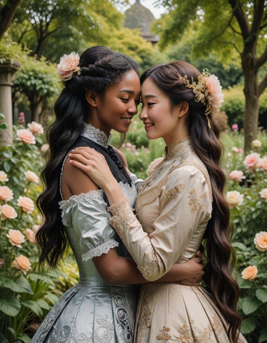 Victorian Era Women Embracing in a Garden