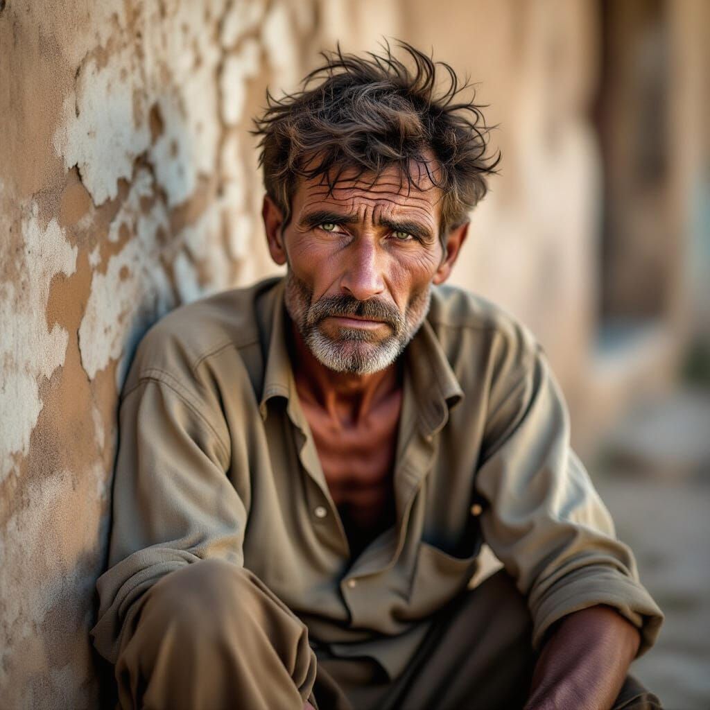 Hyper-Realistic Portrait of an Emaciated Man in Dramatic Lig...