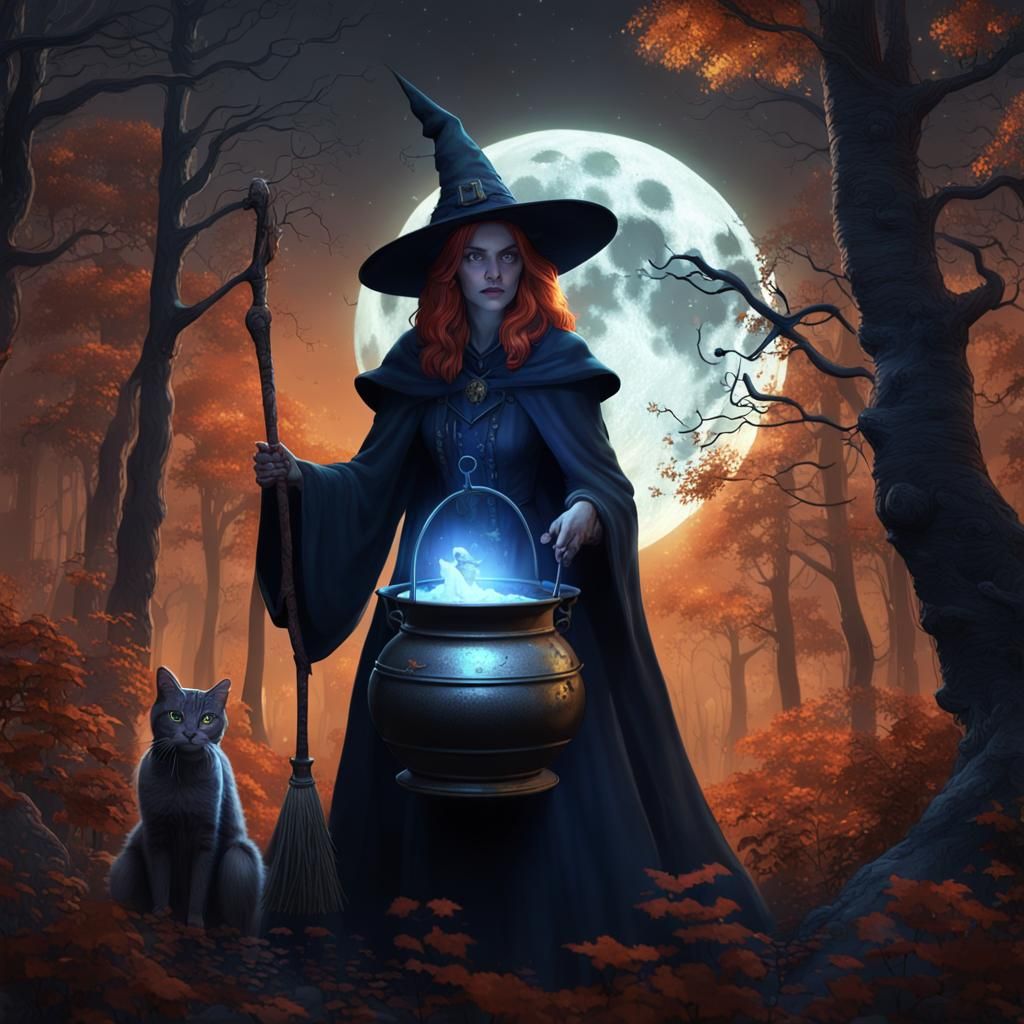 Fantasy Witch in Forest with Cat and Cauldron