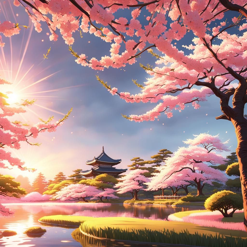 Cherry Trees at Rikugien Gardens: 3D Anime Art