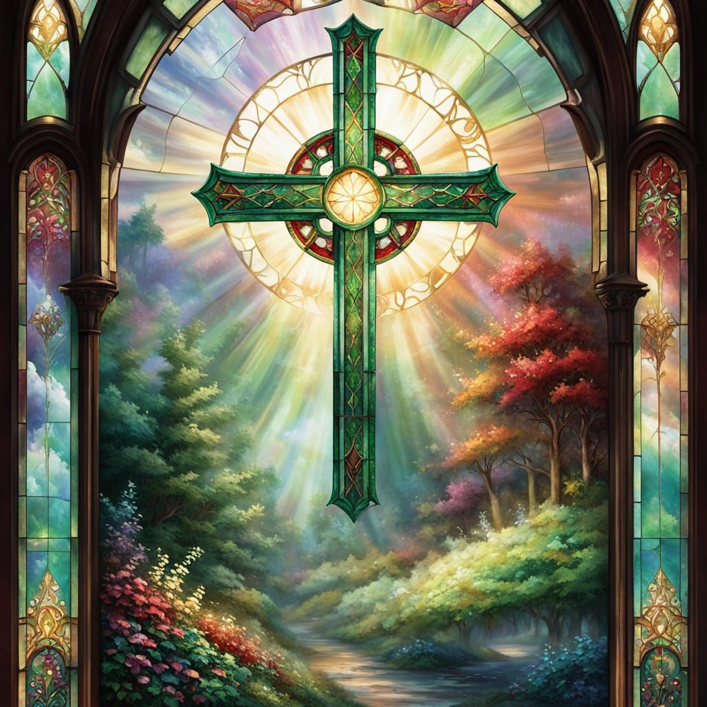 Stained Glass Cross Window in Ethereal Mist