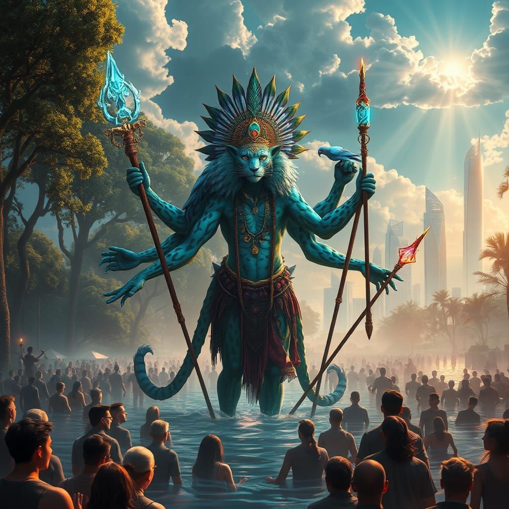 Surreal Leopard Shaman in Flooded Cityscape