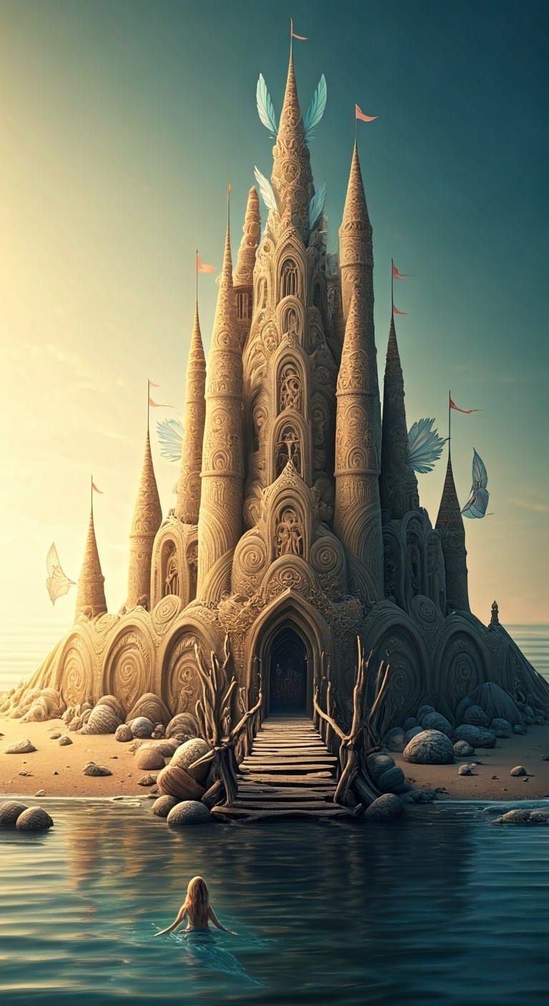Detailed Sand Castle with Fairy and Mermaid