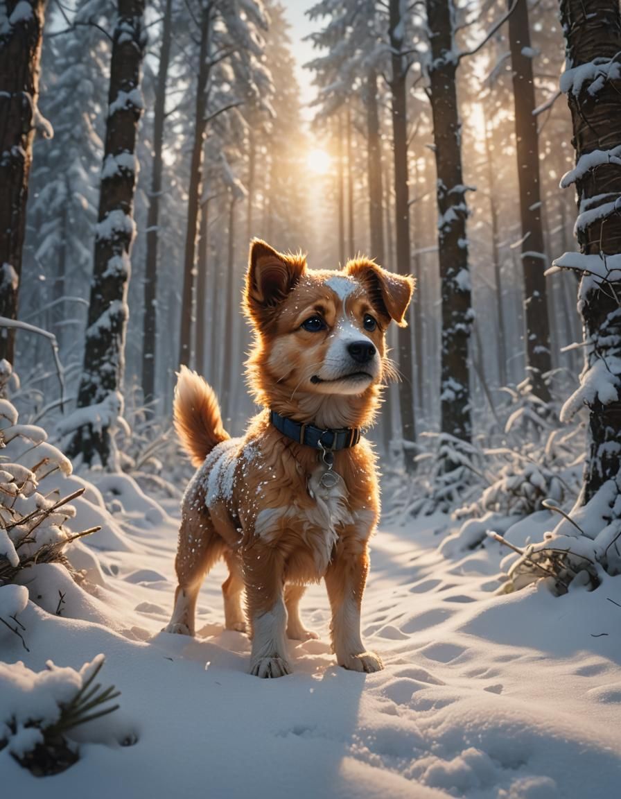 Puppy in Winter Forest, Pixar-Inspired Concept Art