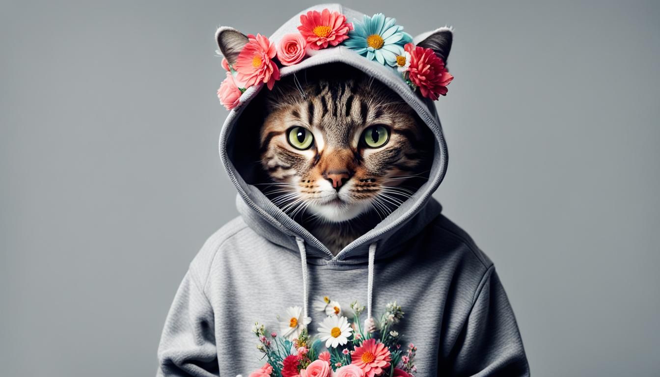 cat wearing embellished hoodie with flowers, 4k