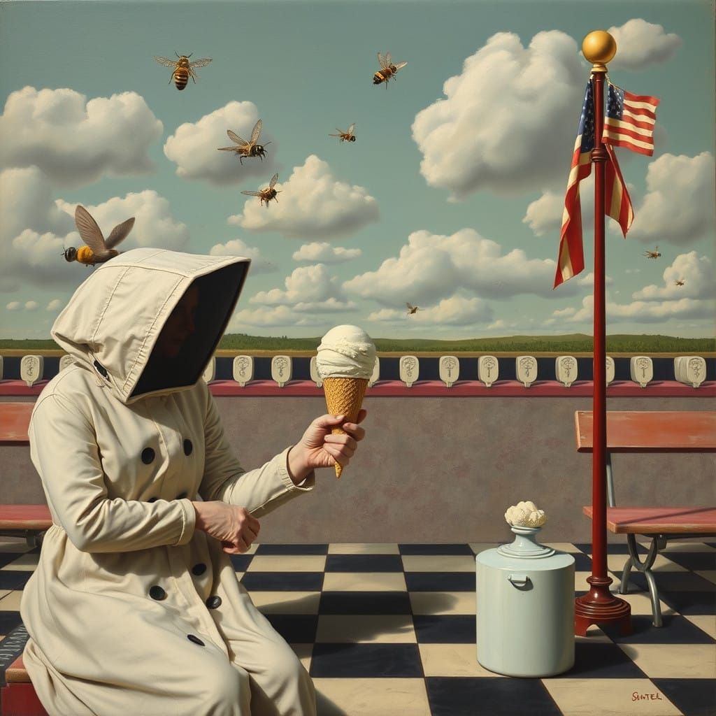 Surreal Beekeeper Waits in Otherworldly Checkerboard Waiting...