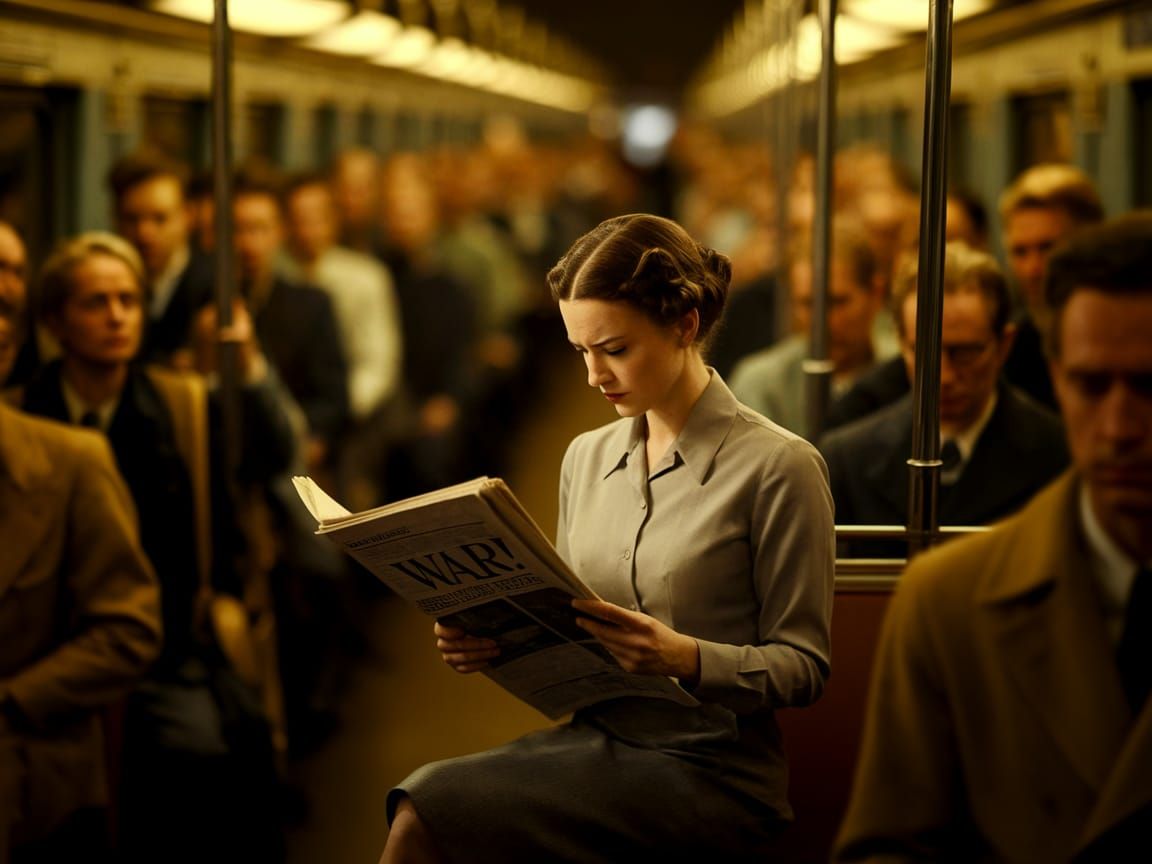 Woman Reads War News in Bustling 1940s Subway Car