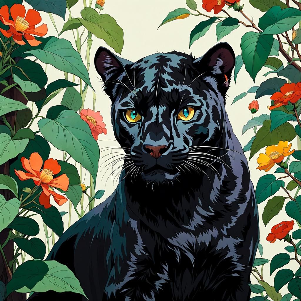 Panther with Floral Background, Illustrative Style