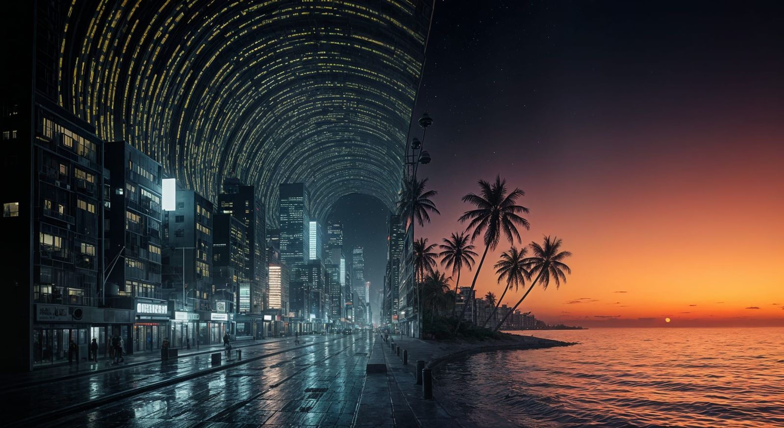 Digital Cityscape Transforms Into Sunset Beach