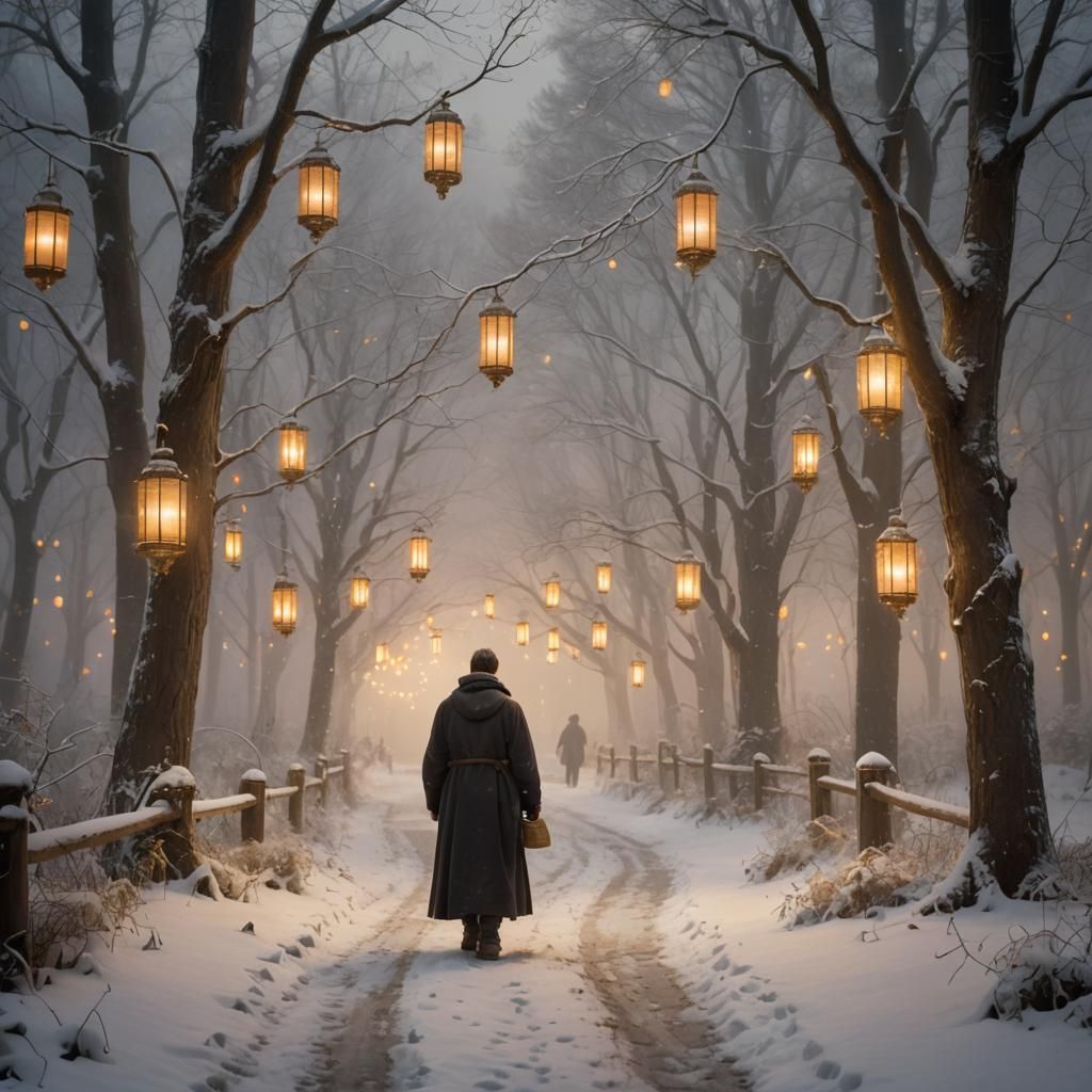 Mystical Winter Scene with Lonely Figure and Glowing Lantern...