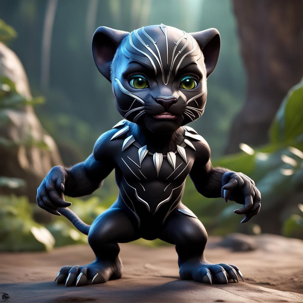Hyperrealistic Black Panther as Cute Troll