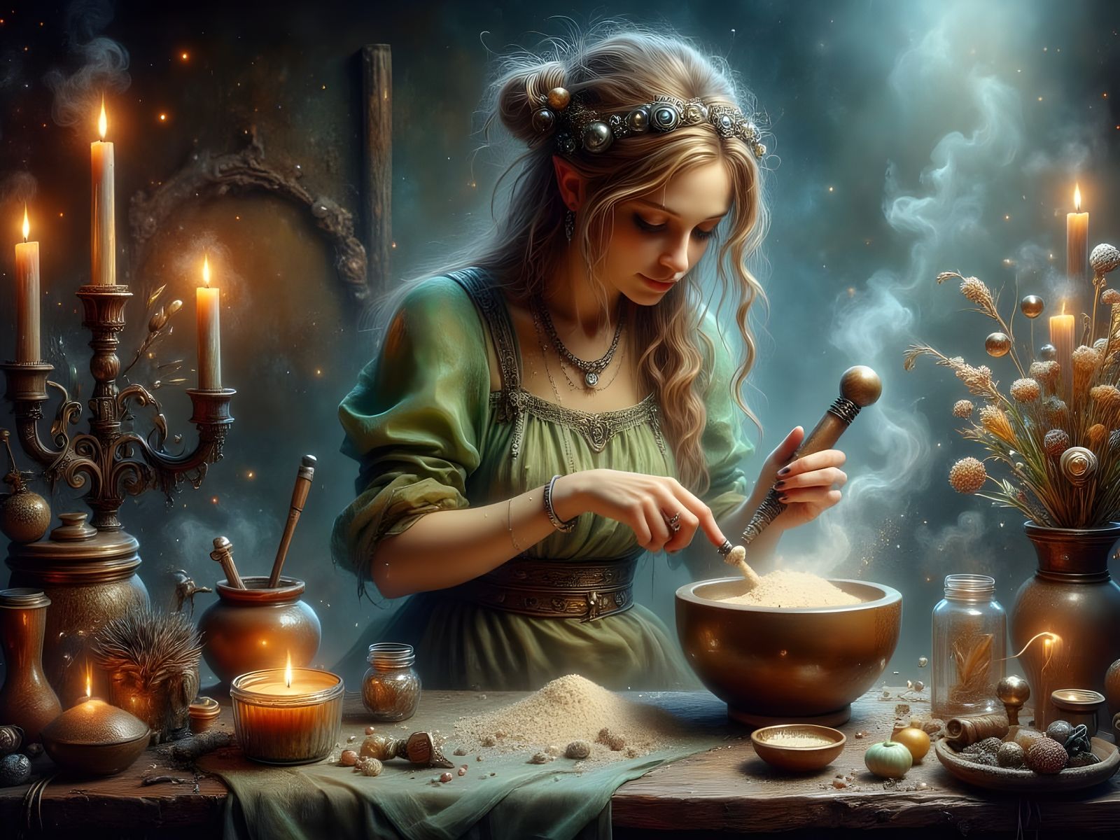 Dreamy Norse Goddess Grinding Herbs, Acrylic Watercolor