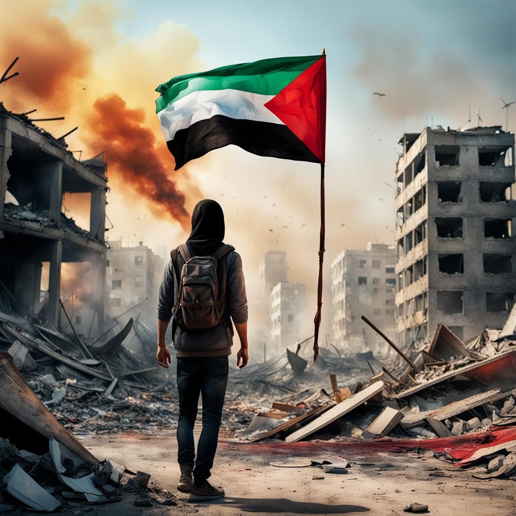 Protestor with Palestinian Flag in War-Torn Cityscape