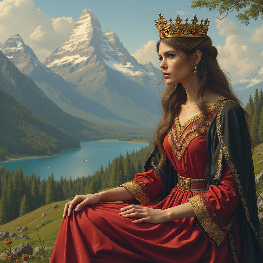 Regal Woman in Serene Landscape, 3D Anime Art