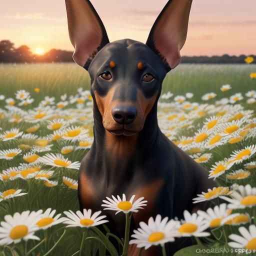 Doberman Puppy in Sunset Daisy Field