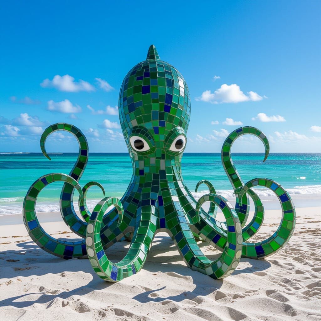 Sea Glass Kraken Sculpture on Tropical Beach