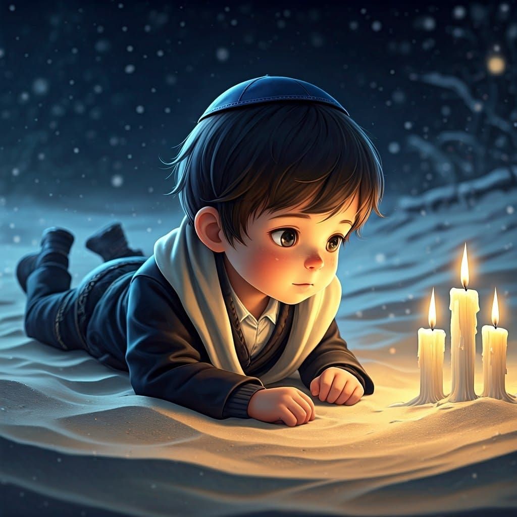 Hasidic Boy with Candles in Snowy Winter