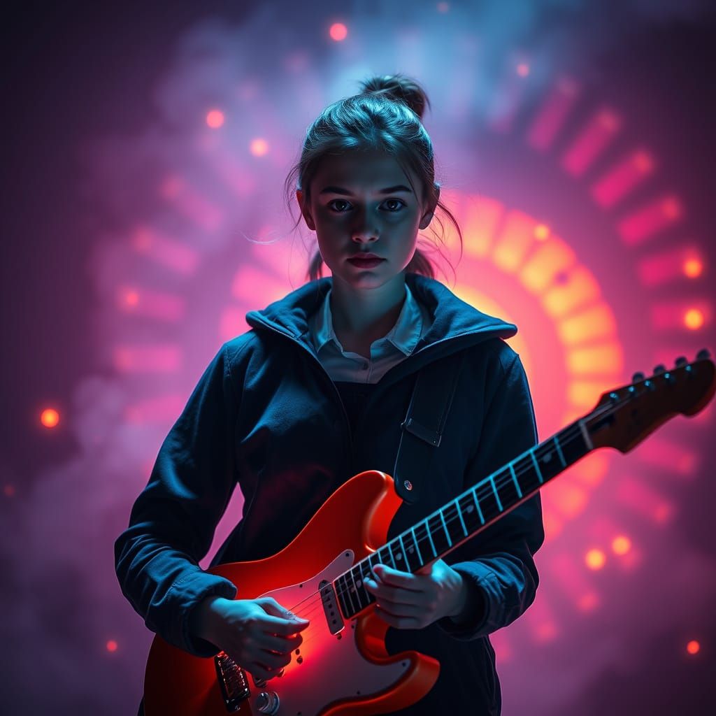 Sci-Fi Guitarist in Fluorescent Nebula