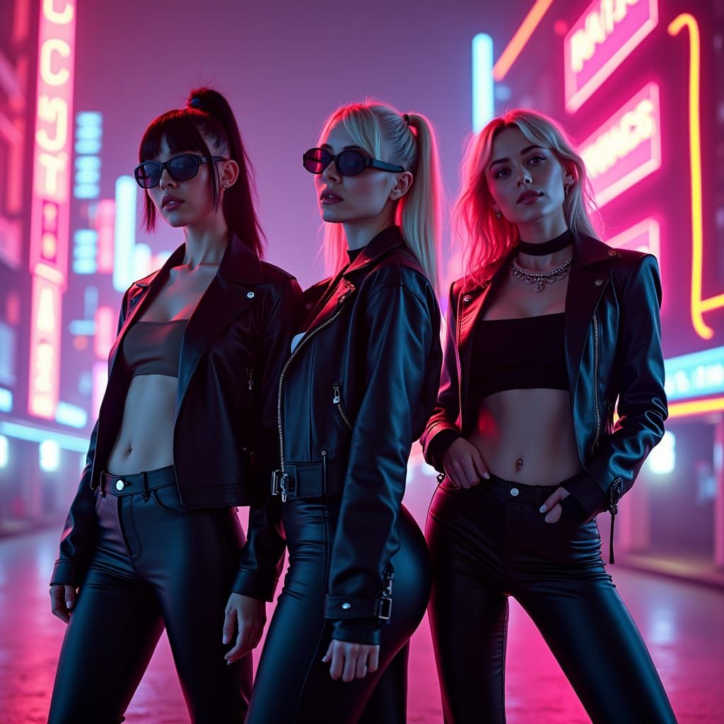 Isla Quinn and the Replicants in Cyberpunk Cityscape