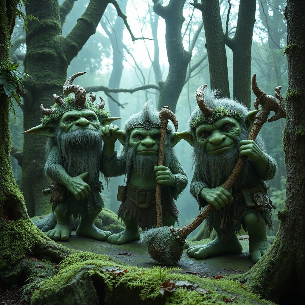 Mystical Trolls in Forest, Whimsical Fantasy Art