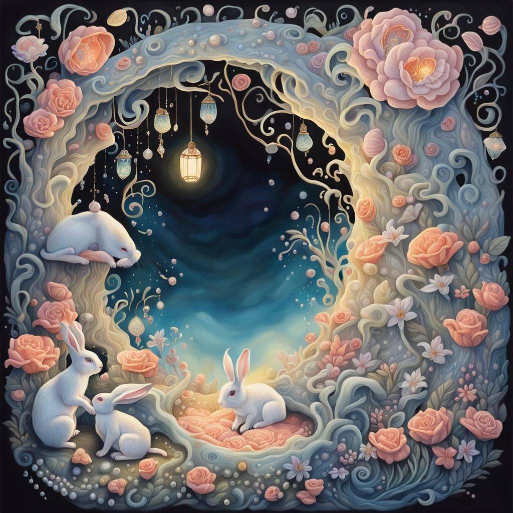 Surreal Rabbit Hole Dreamscape in Pastel Gouache