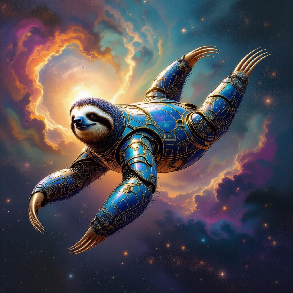 Biomechanical Sloth Soaring Through Nebula in Art Nouveau St...