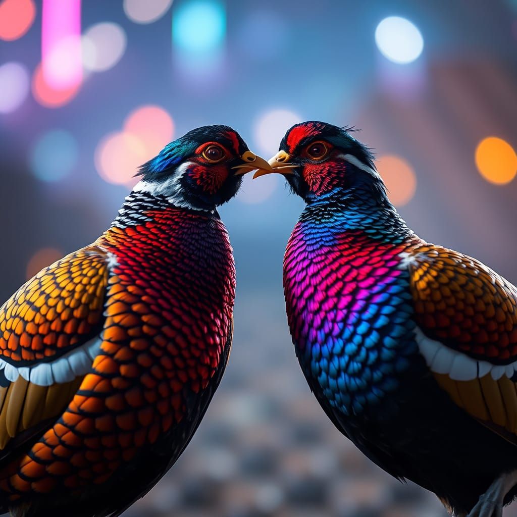 Dramatic Pheasants Clash in Neon-Lit Dance