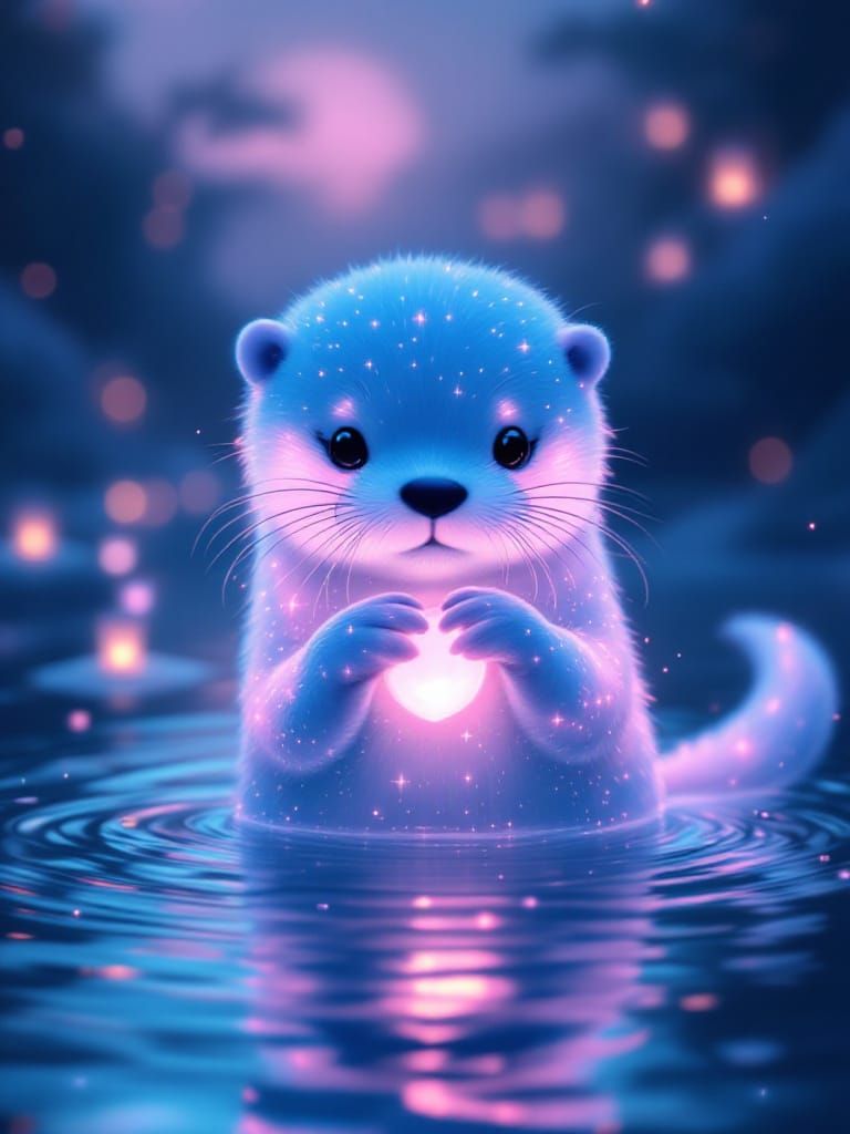 Glowing Otter with Opal Fur in Bioluminescent Lagoon