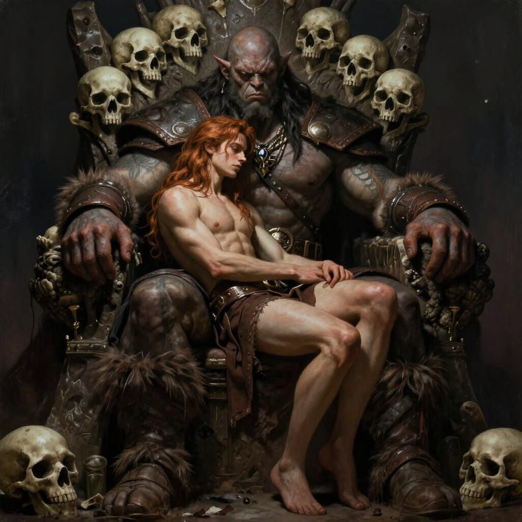 Dark Fantasy Orc Warlord Embraces Androgynous Man on Throne
