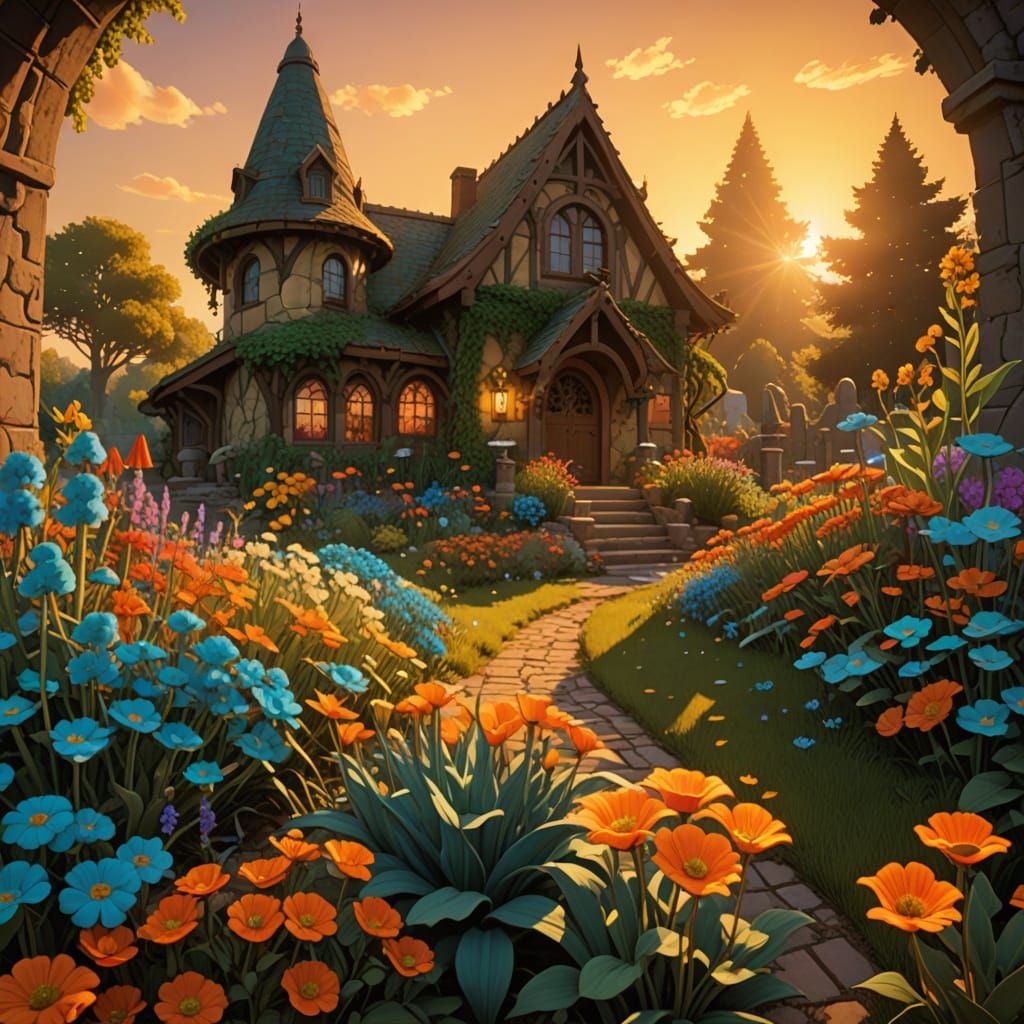 Exquisite Sunrise Garden with Gothic Archways & Pyramids
