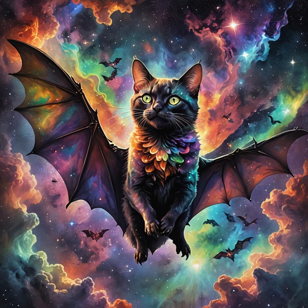 Bat-Cat Hybrid in Surreal Cosmic Portrait