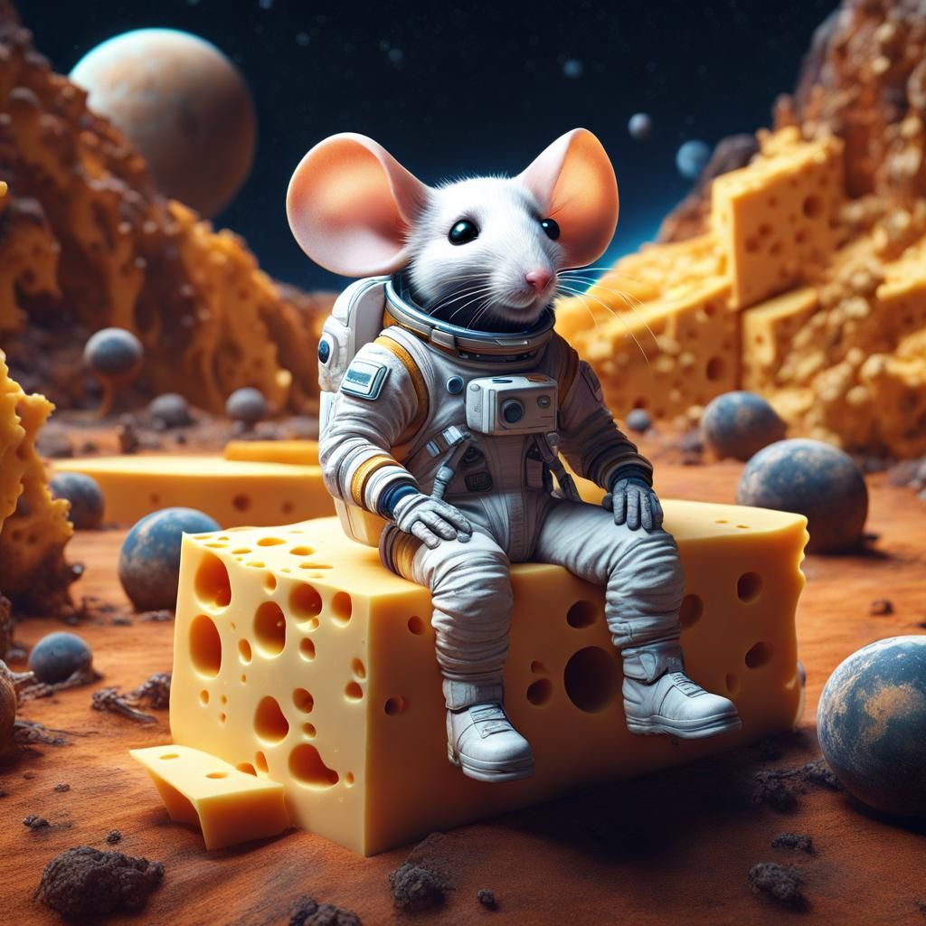an astronaut mouse sitting on a planet made of cheese