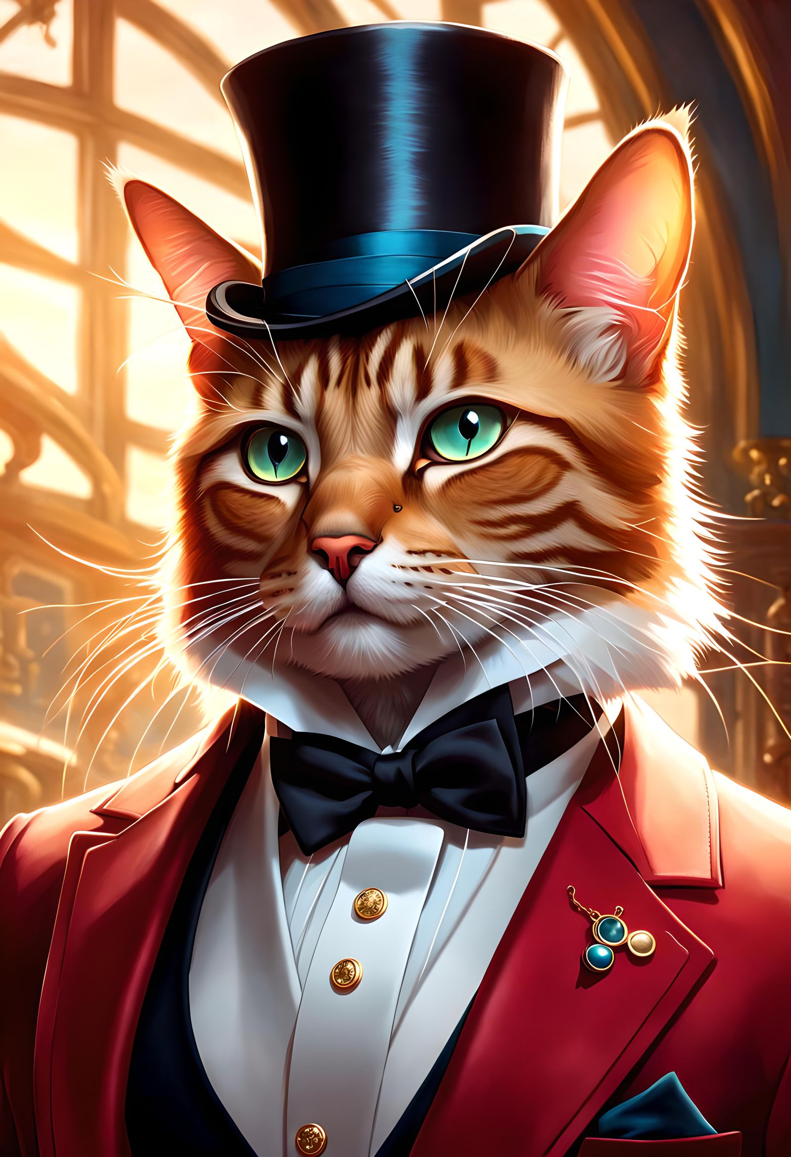 Anthropomorphic cat wearing a tuxedo