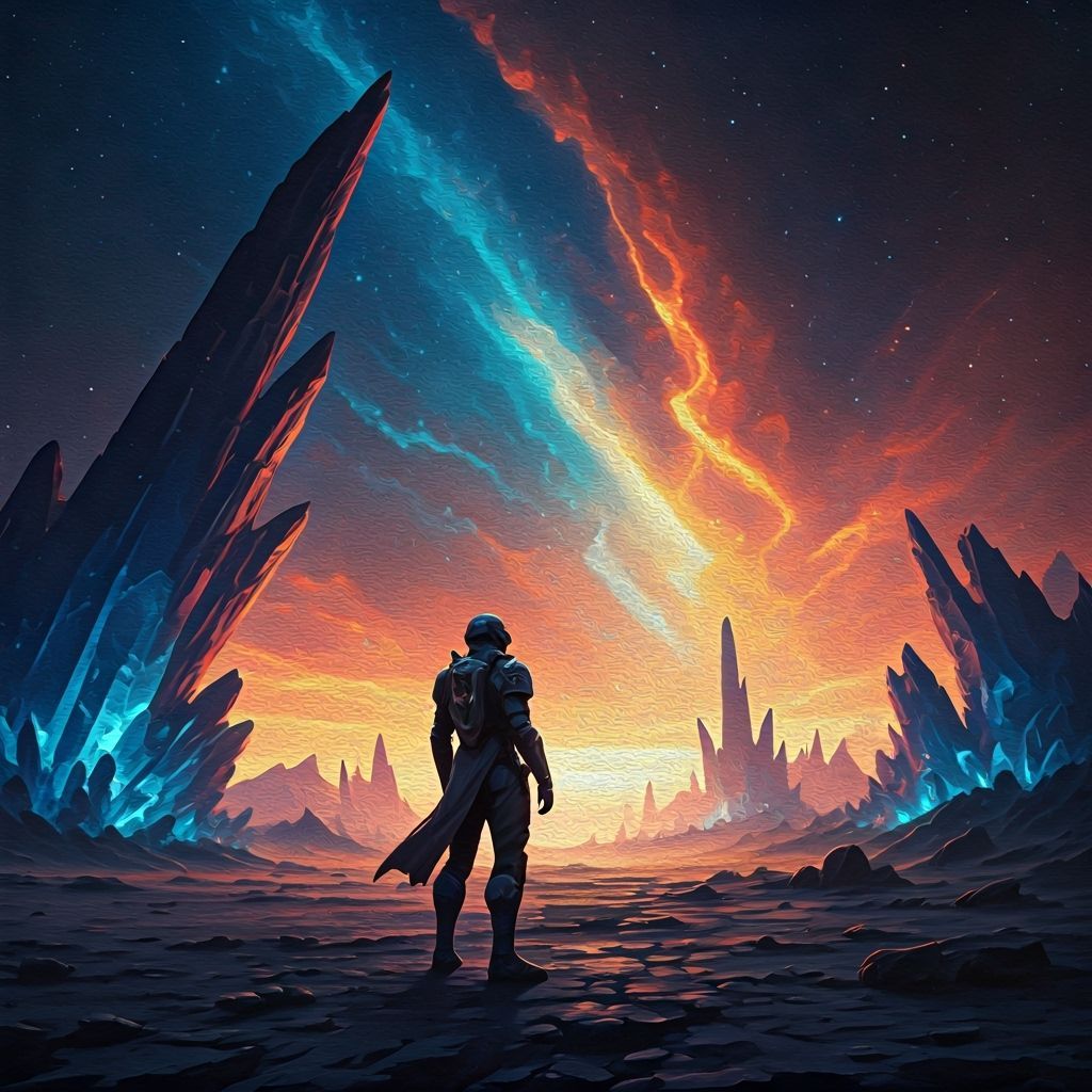 Lone Soldier Gazes at Alien Nebula in Oil Painting Style