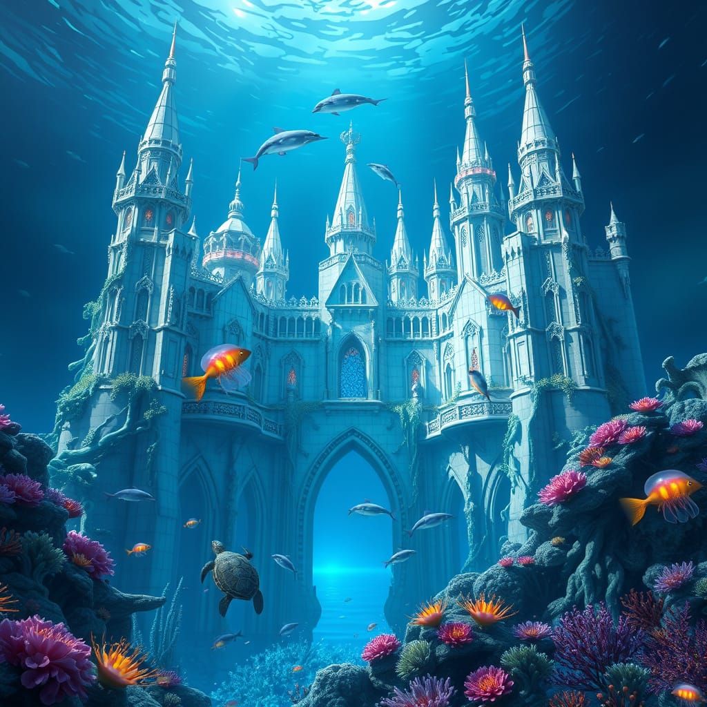 Underwater Castle with Dolphins: 3D Anime Art