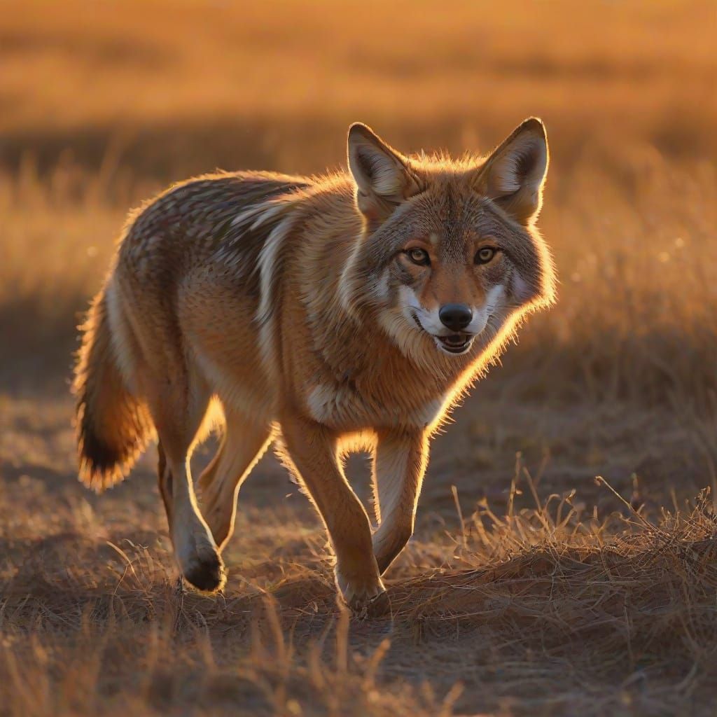 Coyote Runs Across Prairie in Expressionist Sunset