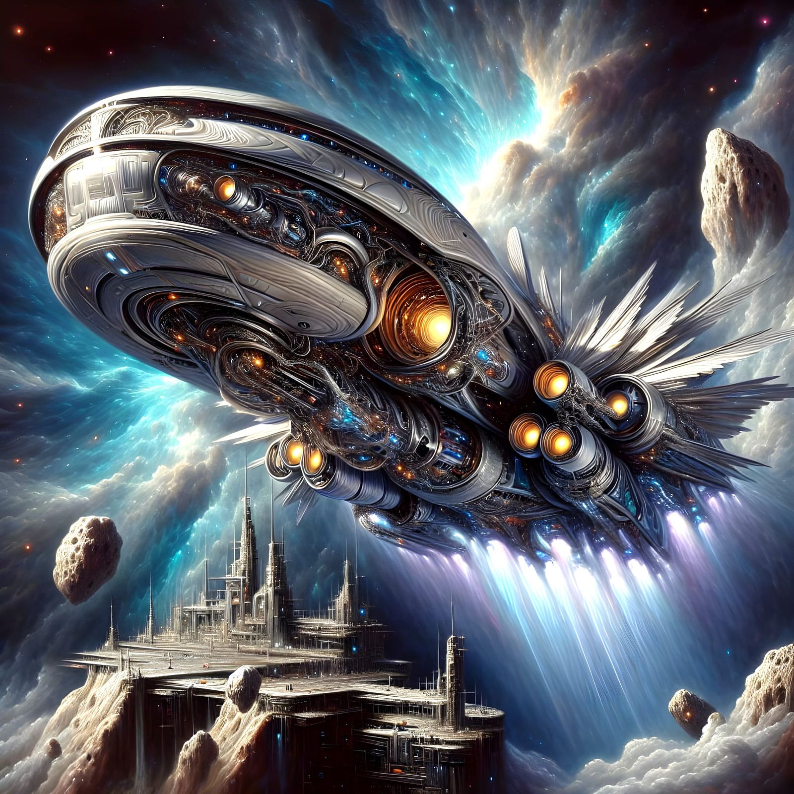 Interstellar Ship Descending to Asteroid Spaceport