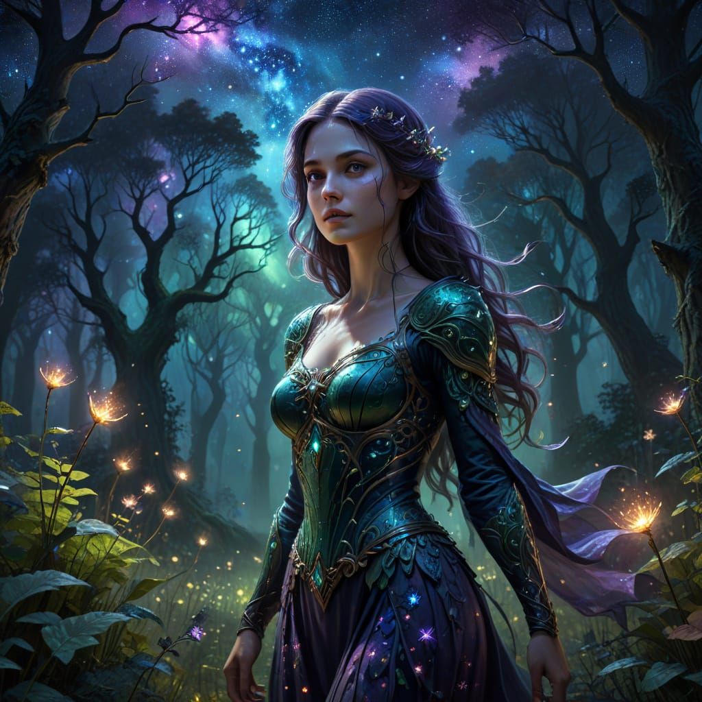 Enchantress in Luminous Forest Glade Under Starry Sky