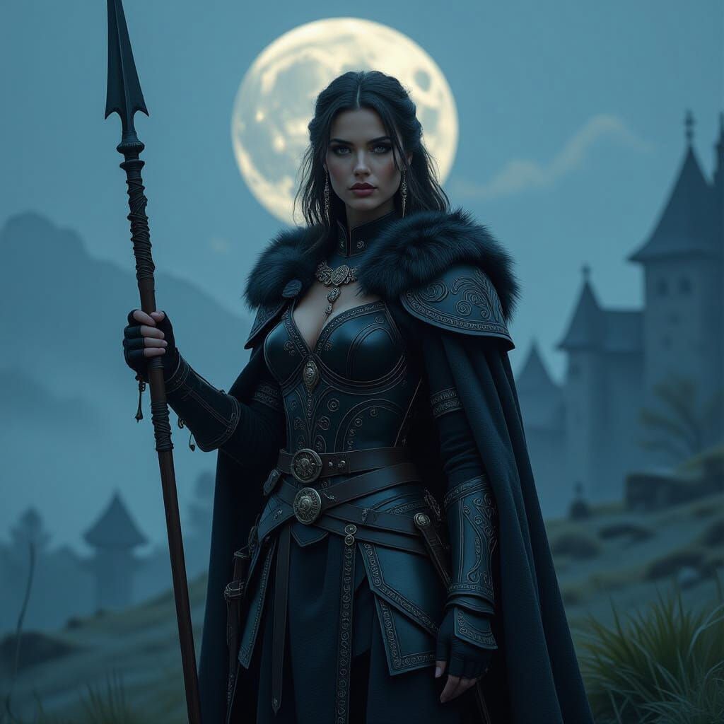 Ostrogoth Woman in Misty Moonlight Landscape