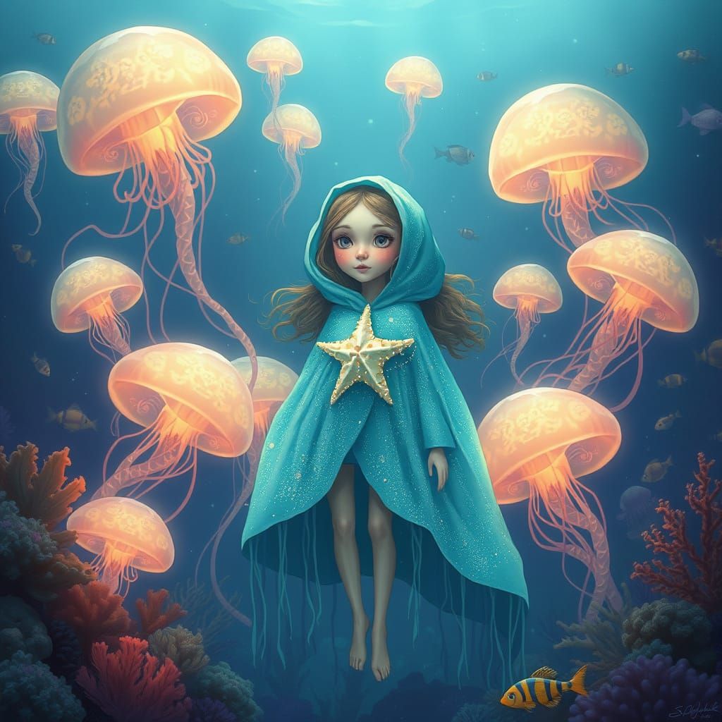 Starfish Girl with Glowing Jellyfish: Whimsical Underwater S...