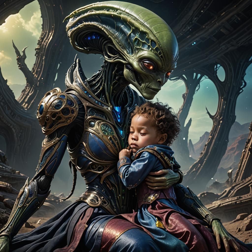 Alien Mother Tucking Child In: Fantasy Art