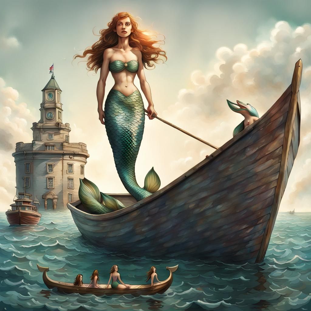 Giant Mermaid Overlooking a Small Rowing Boat